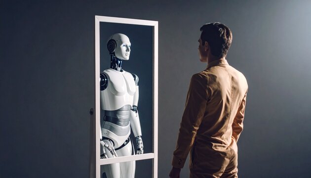 Man faces mirror—reflection reveals humanoid robot; a stark metaphor for identity, evolution, and the blurred line between human and machine.