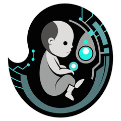 Vector illustration of a futuristic  imaginative digital artwork of a human baby inside a robot's womb