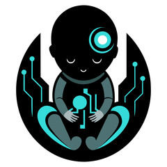 Vector illustration of a futuristic  imaginative digital artwork of a human baby inside a robot's womb