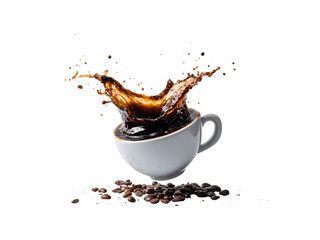 A spill of black coffee splashes out from a white cup floating in the air