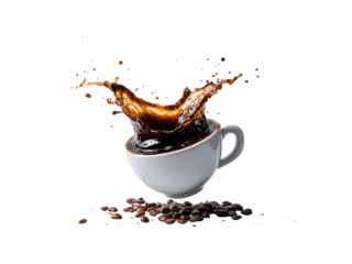 A spill of black coffee splashes out from a white cup floating in the air