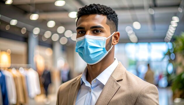 Stylish man in beige blazer and mask—poised amid boutique lights and blurred bustle; a portrait of modern elegance, caution, and urban rhythm.