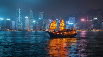 Naklejka premium Victoria Harbor Hong Kong night view with junk ship