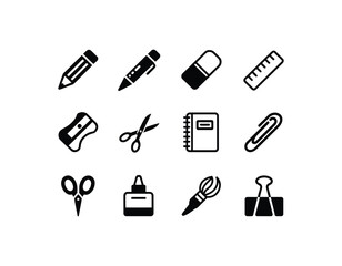 Obraz premium Minimalist Icon Set of School Supplies Office Essentials and Creative Tools in Black and White Design with Sharp Edges
