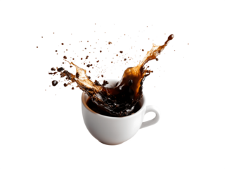 A spill of black coffee splashes out from a white cup floating in the air