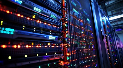 Fototapeta premium Working servers, switches or routers in data center with a lot of led lamps and cables