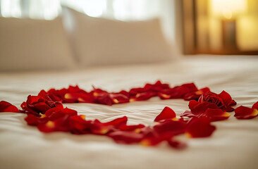 Romantic hotel room with heart shaped rose petals on the bed for special occasions
