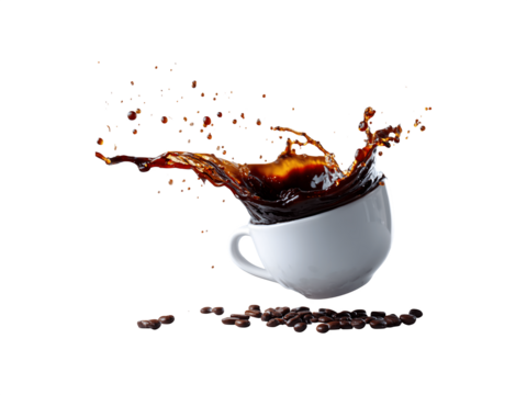A spill of black coffee splashes out from a white cup floating in the air