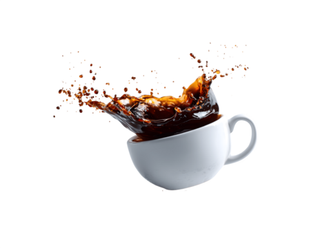 A spill of black coffee splashes out from a white cup floating in the air