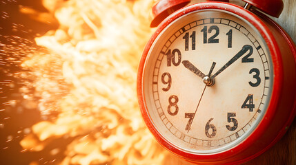 Clock ticking as flames burst from background in a dramatic representation of urgency and time running out
