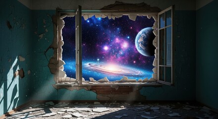 View of a galaxy from a broken window in a dilapidated room