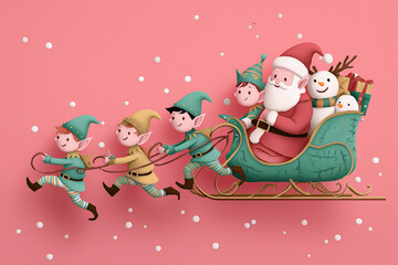 Three elves pulling santa in a sleigh with a snowman on a pink background with snow dots around them
