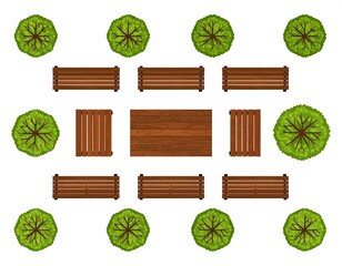 Overhead view of park layout with benches and trees