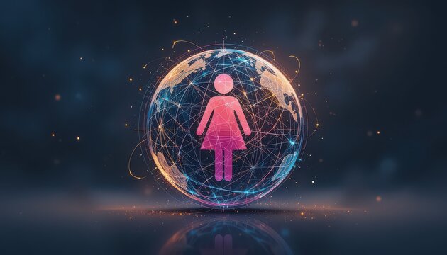 A woman icon inside a digital globe with network connections and glowing particles on dark background