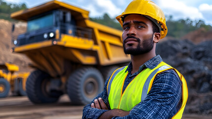 Construction worker in safety gear stands confidently at a mining site with heavy machinery in the background under a cloudy sky