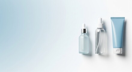 Cosmetic product mockup with a bottle, spray, and tube on a blue background