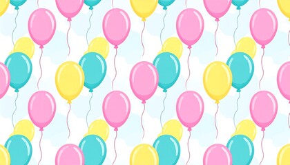 Pastel balloons float amidst stylized clouds on a white background, creating a cheerful, repeating pattern
