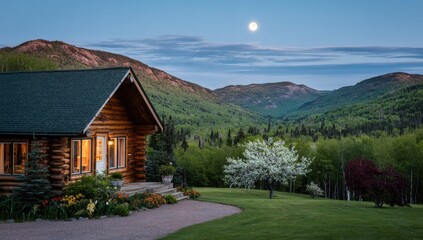 Obraz premium Log cabin at twilight, mountain view