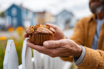Neighbors hand passing homemade pumpkin bread over fence, warm gesture, blurred suburban houses in background, 