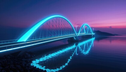 Litup arched bridge at night over a lake with reflection