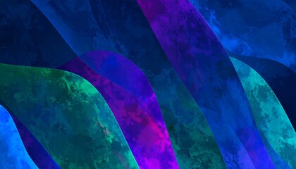 Abstract vibrant wavy shapes in deep blues, purples, and greens