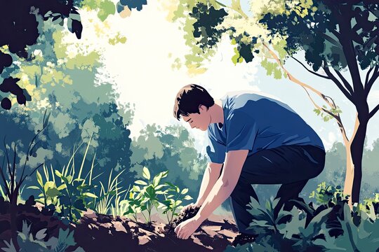 Man replanting forest with tree seedlings. Concept of reforestation and ecology. 