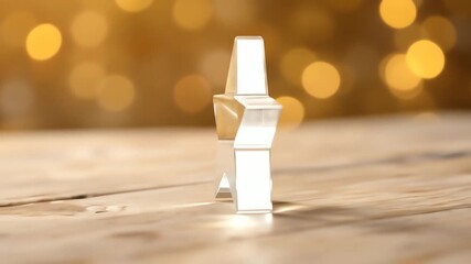 A shiny glass trophy standing on a wooden surface with a blurred bokeh background conveying a celebratory mood.
