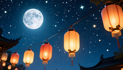 Naklejka premium Mid-Autumn Festival Kongming Lantern Night Moon National Trend National Style Wishing Blessing Illustration