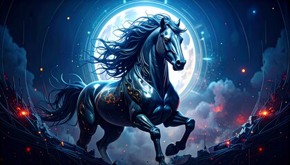 A majestic black horse prancing in front of a glowing moon with sparks and dark structures around it