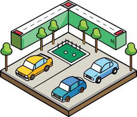 Isometric view of a parking lot with cars trucks and a bus 