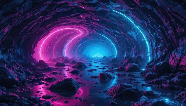 Neonlit tunnel with rocky stream