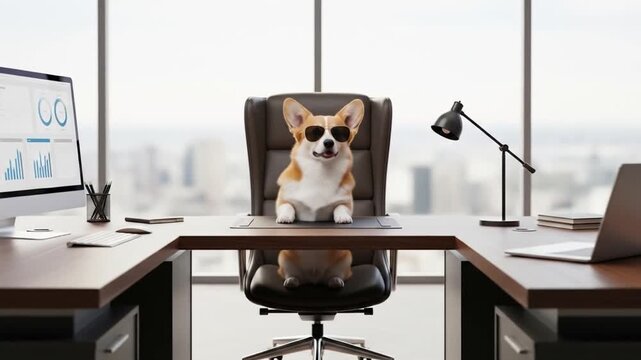 Sitting Corgi Wearing Sunglasses in Office Chair Behind Desk