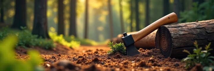 Lumberjacks Axe A Moment of Quiet Industry in a Sun-Dappled Forest Clearing