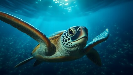 Fototapeta premium A sea turtle swimming gracefully underwater with sunlight filtering from the surface above the ocean