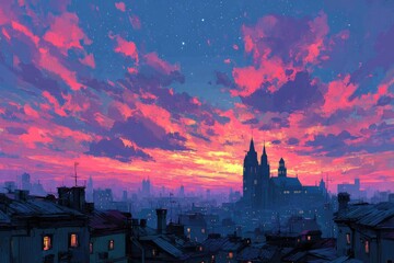 Naklejka premium Cityscape at twilight, vibrant sunset
