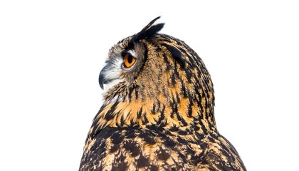 Profile view of an owl, showcasing intricate feather patterns and intense orange eyes against a stark white background