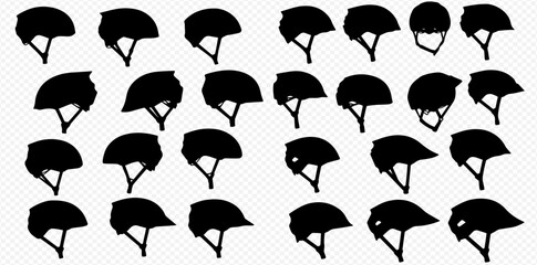 A collection of black silhouette illustrations depicting various styles and shapes of helmets, arranged in a grid pattern.
