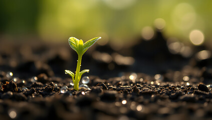 Sprout growing from wet soil after morning rain