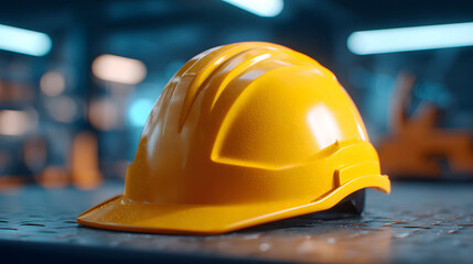 Yellow safety helmet on metal surface