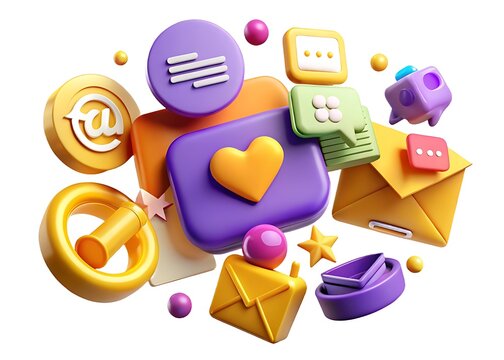 A vibrant collection of 3d social media and communication icons, including email, heart, and chat bubbles, isolated on a white background