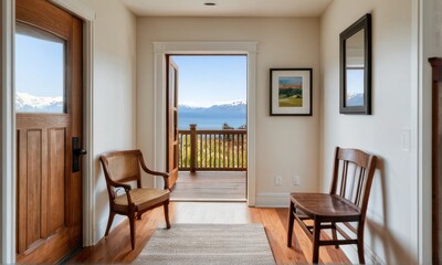 Fototapeta premium Bright Hallway with Mountain View and Wooden Chairs