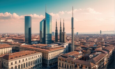 Obraz premium City Skyline Sunset Modern and Traditional Architecture