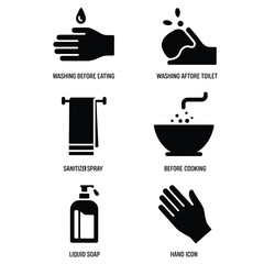 Daily Routine Bundle black and white vector featuring handwashing before meals, after toilet, sanitizer, soap, towel, and hygiene icons