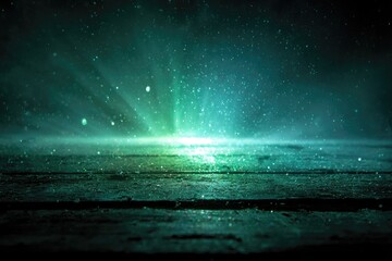 Dark teal-green light beams on weathered wooden surface