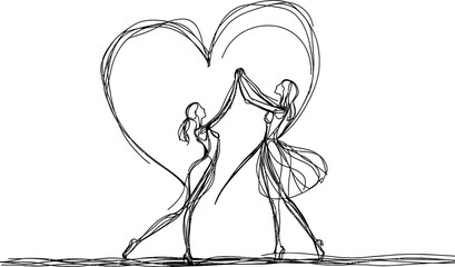 Fototapeta premium A couple is depicted in a continuous line drawing making a love heart sign with their hands, showcasing a cute and romantic man and woman in an intimate relationship
