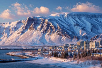 Snowy Icelandic mountain range, town at base.  Sunrise