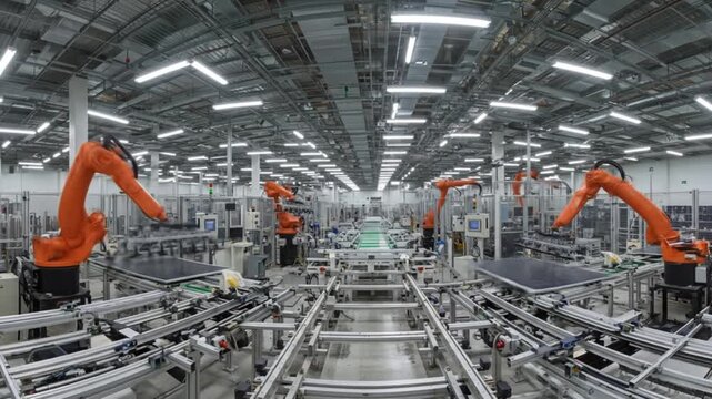 Solar panel manufacturing factory automation robots renewable energy production line industrial technology