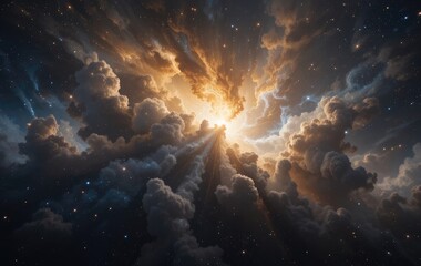 Fototapeta premium Stars clouds golden glow and light rays create a celestial scene
