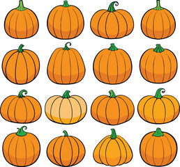 A Collection of 16 Diverse Orange Pumpkins with Green Stems, Perfect for Autumn
