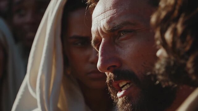 Jesus preaching to a diverse crowd moments before performing a miracle.